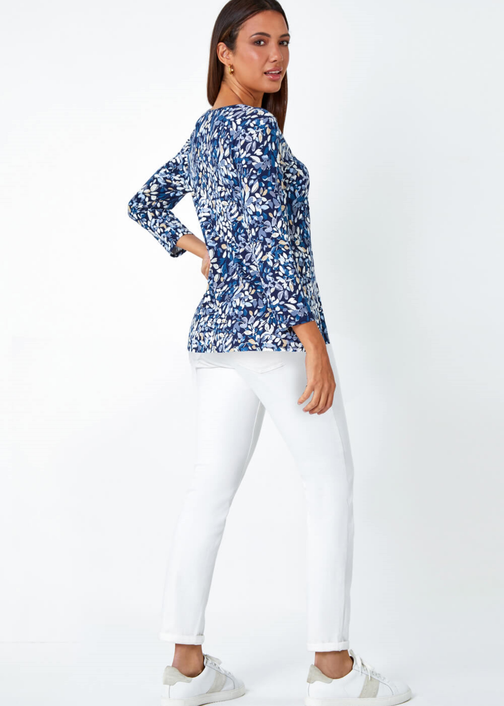 Roman Navy Leaf Print V-Neck Pintuck Tunic Swing Top - Size 18 Image 2