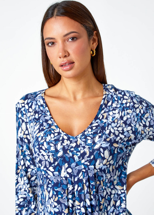 Roman Navy Leaf Print V-Neck Pintuck Tunic Swing Top - Size 18 Image 4