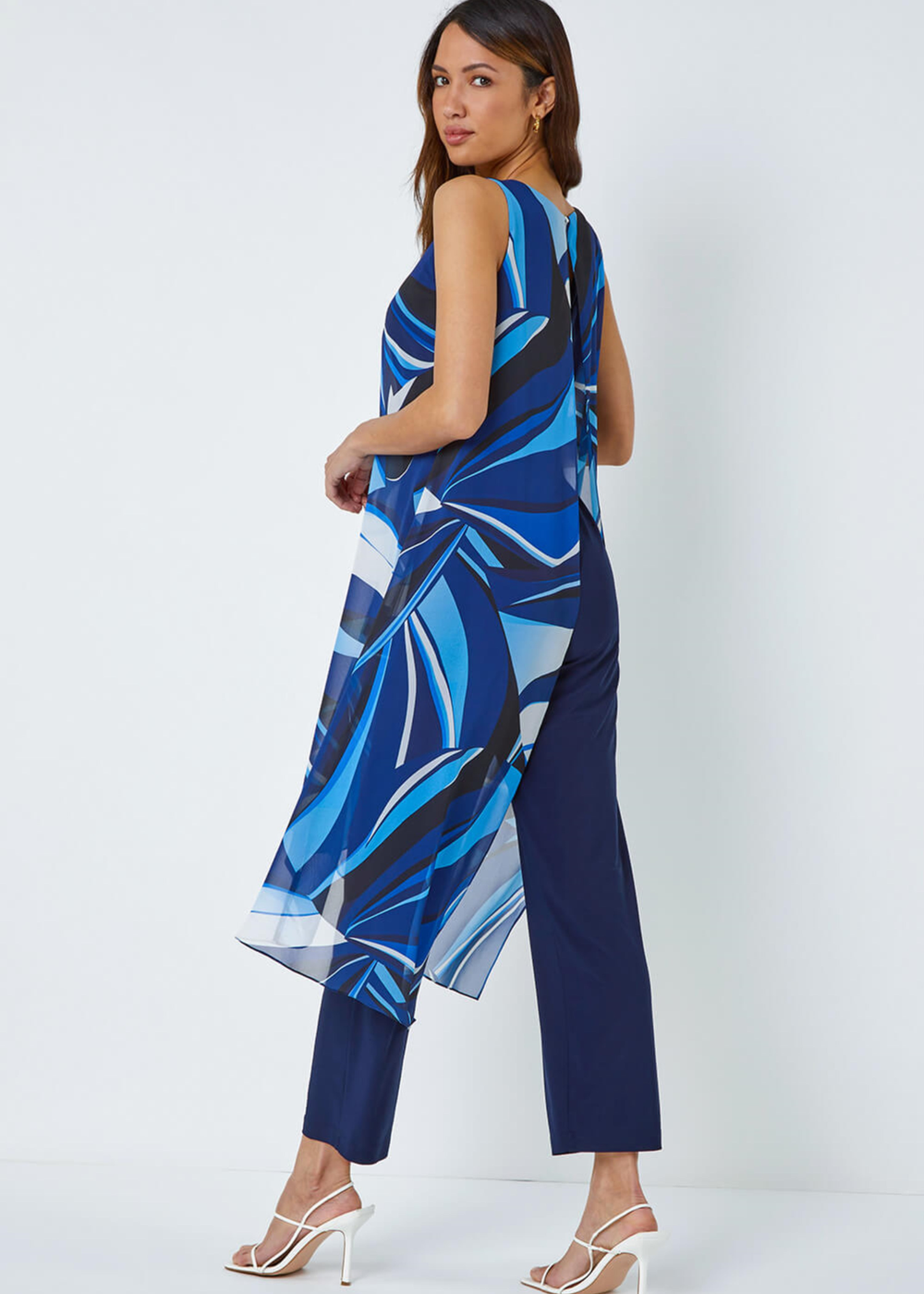 Roman Royal Blue Full Length Printed Overlay Jumpsuit - Size 16 Image 2