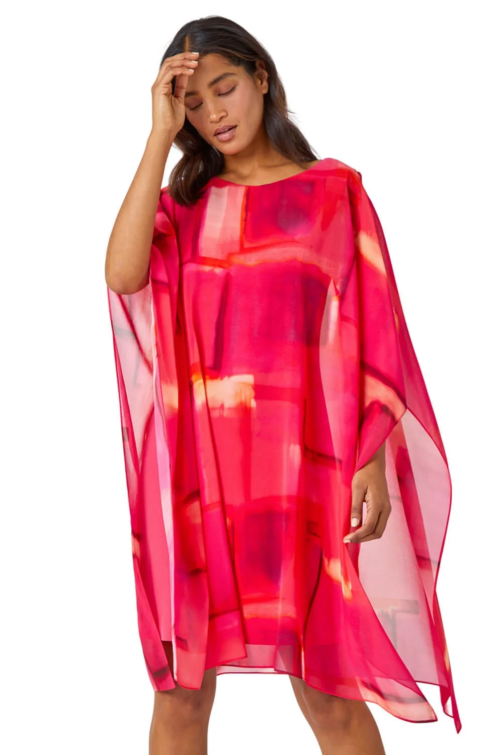 Roman Pink Abstract Print Chiffon Overlay Dress - 22 Image 1
