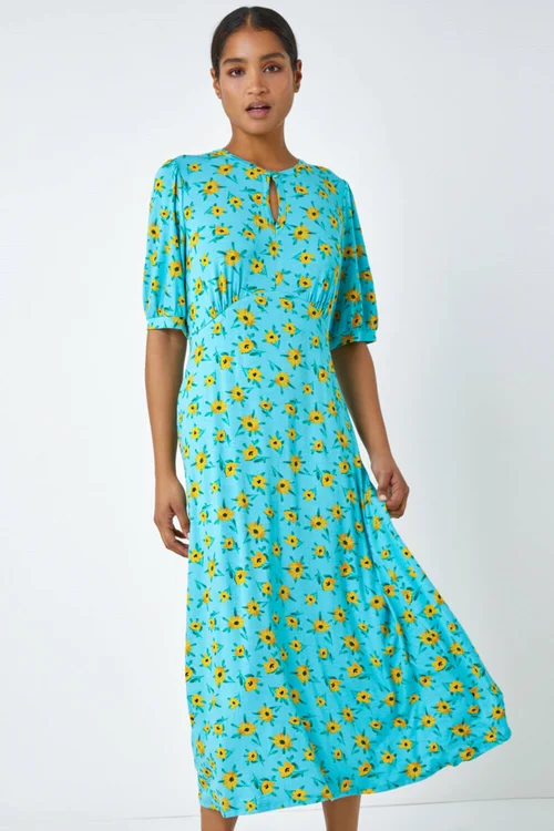 Roman Blue Sunflower Print Keyhole Stretch Midi Dress - 6 Image 3