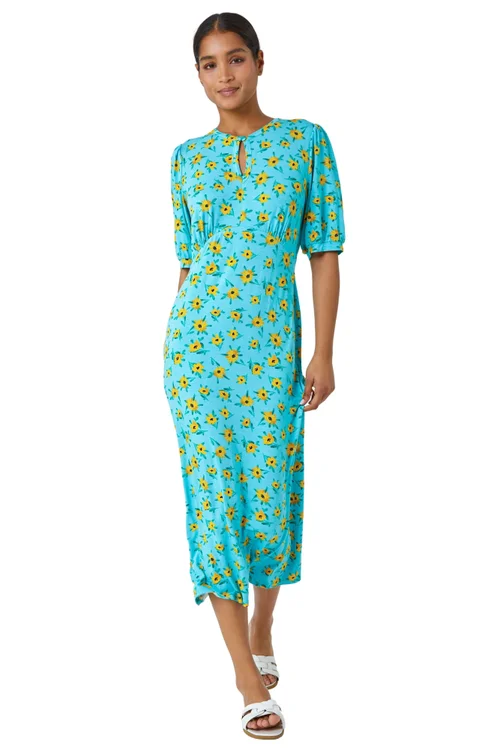 Roman Blue Sunflower Print Keyhole Stretch Midi Dress - 6 Image 2