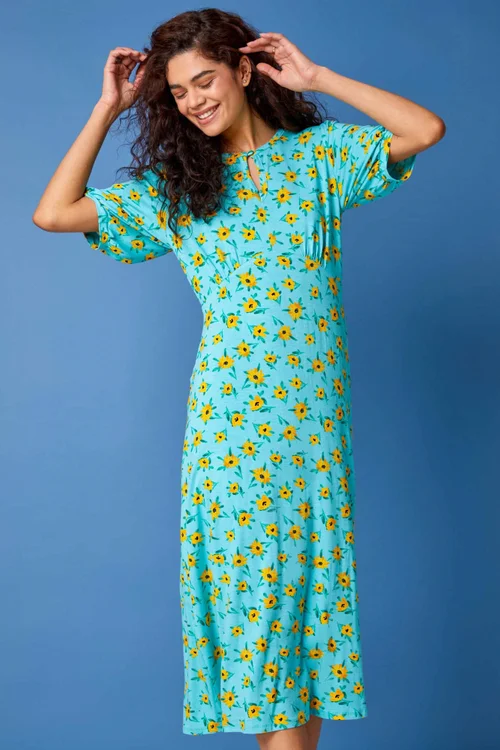 Roman Blue Sunflower Print Keyhole Stretch Midi Dress - 6 Image 4