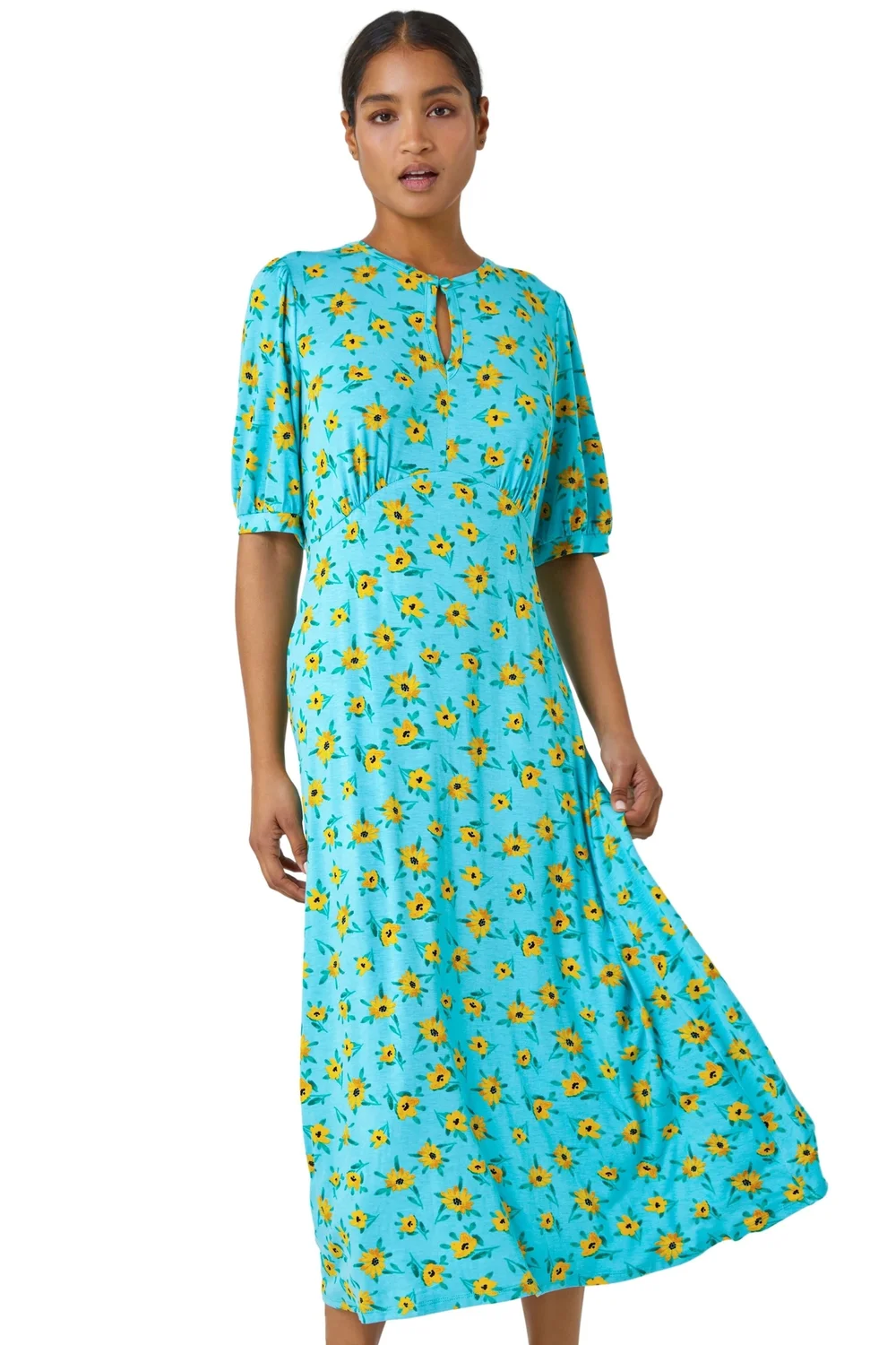 Roman Blue Sunflower Print Keyhole Stretch Midi Dress - 6 Image 1