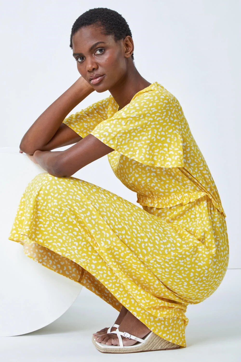 Roman Yellow Ditsy Print Frill Waist Midi Dress - 6 Image 3
