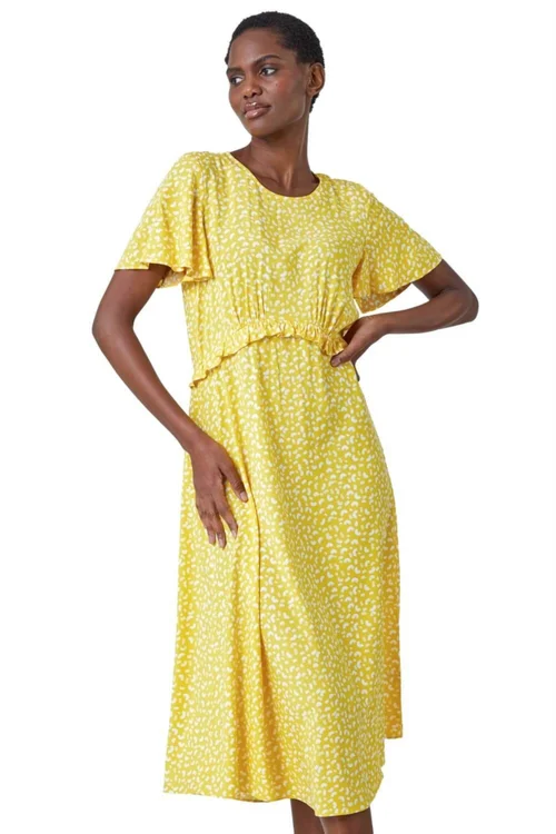 Roman Yellow Ditsy Print Frill Waist Midi Dress - 6 Image 2