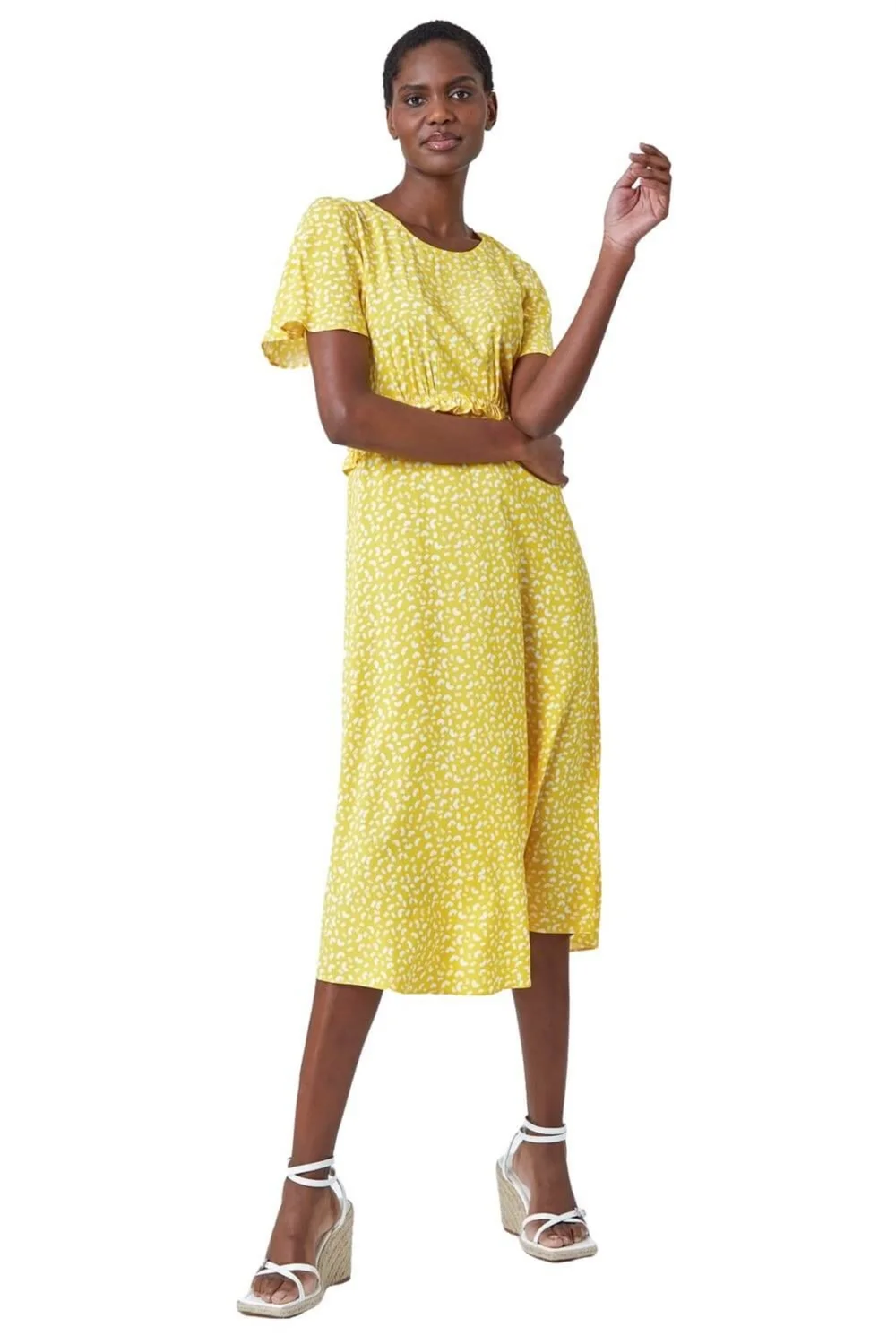 Roman Yellow Ditsy Print Frill Waist Midi Dress - 6 Image 1