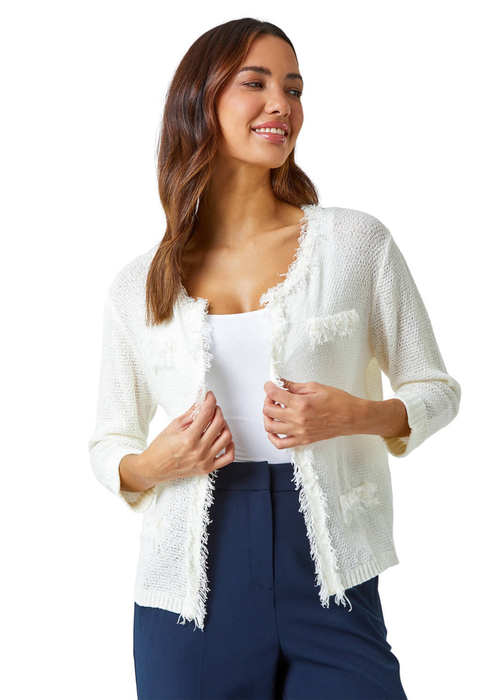 Roman Ivory Short Textured Boucle Cardigan - Size 16 Image 1
