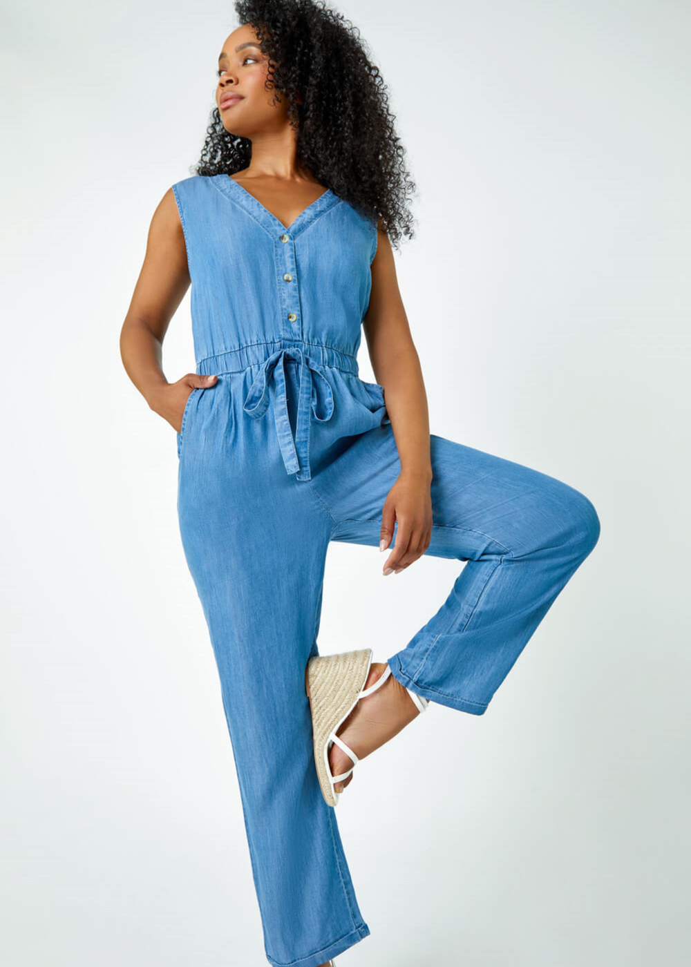 Roman Blue Petite Stretch Denim Pocket Jumpsuit - Size 6 Image 3