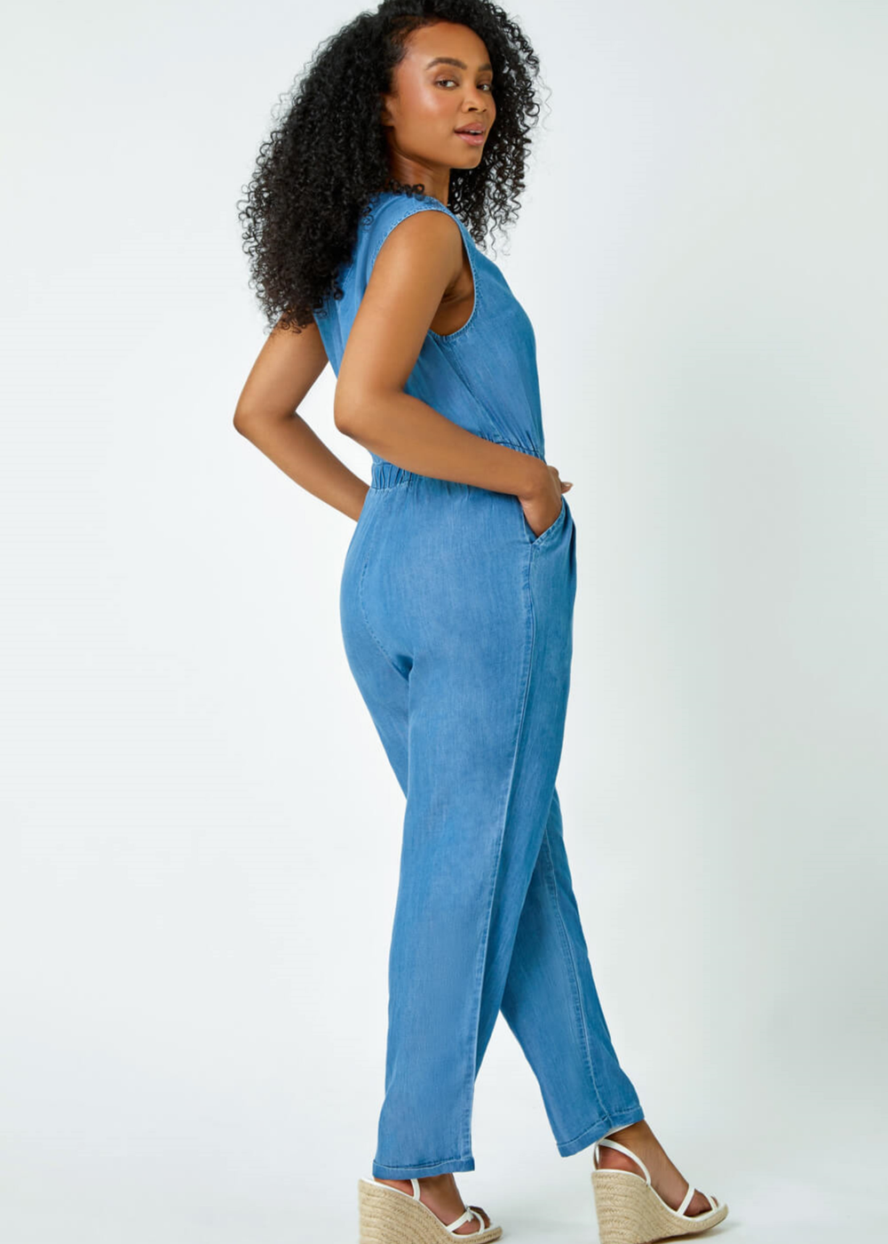 Roman Blue Petite Stretch Denim Pocket Jumpsuit - Size 6 Image 2