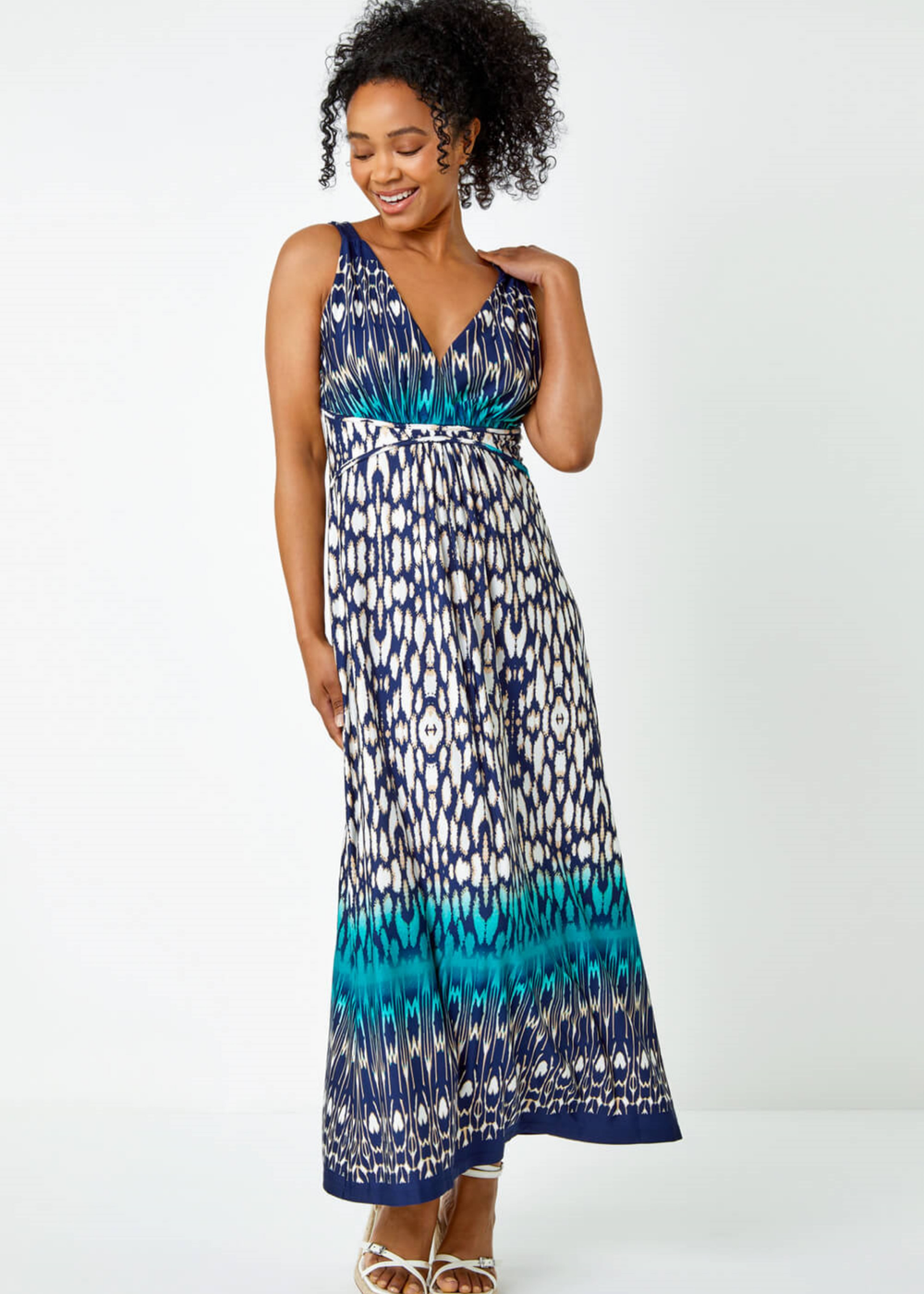 Roman Teal Petite Sleeveless Aztec Maxi Stretch Dress - 12 Image 3
