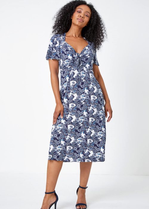 Roman Blue Petite Floral Ruched Stretch Tea Dress - 26 Image 3