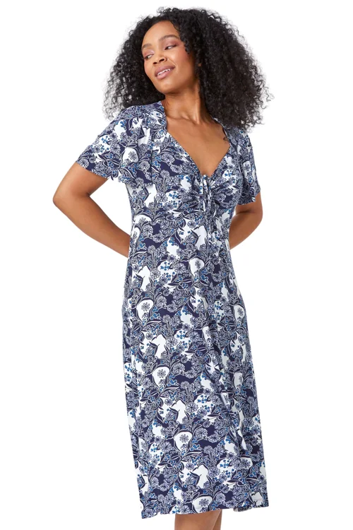 Roman Blue Petite Floral Ruched Stretch Tea Dress - 26 Image 1