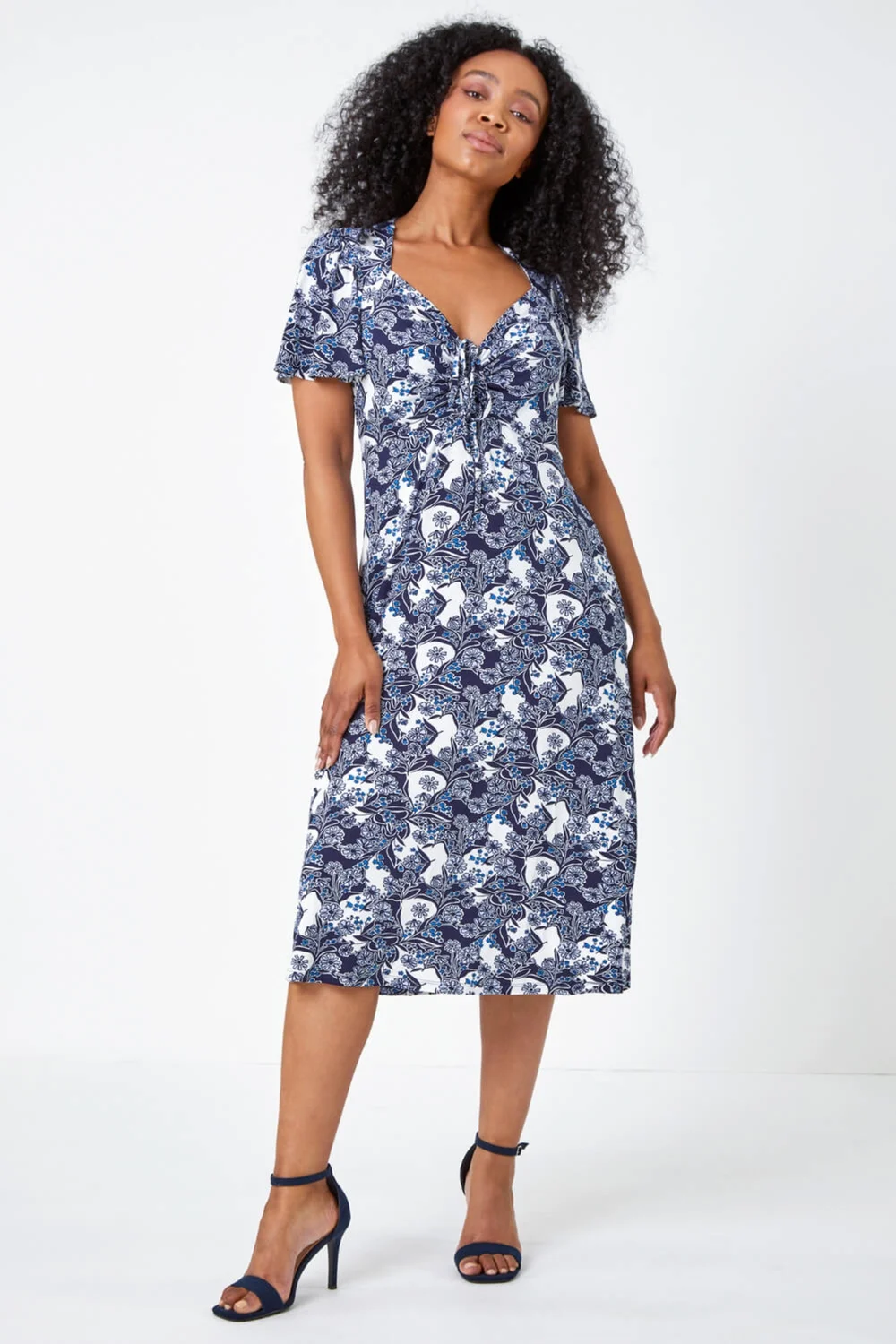 Roman Blue Petite Floral Ruched Stretch Tea Dress - 26 Image 2