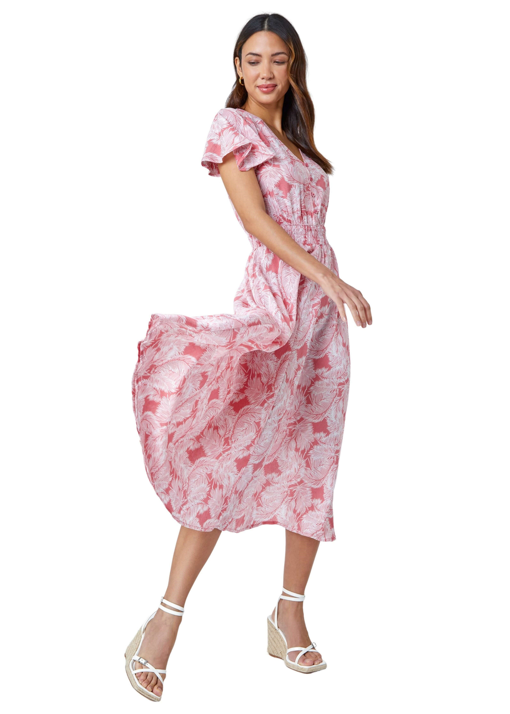 Roman Coral Palm Print Tiered Midi Dress - 12 Image 1