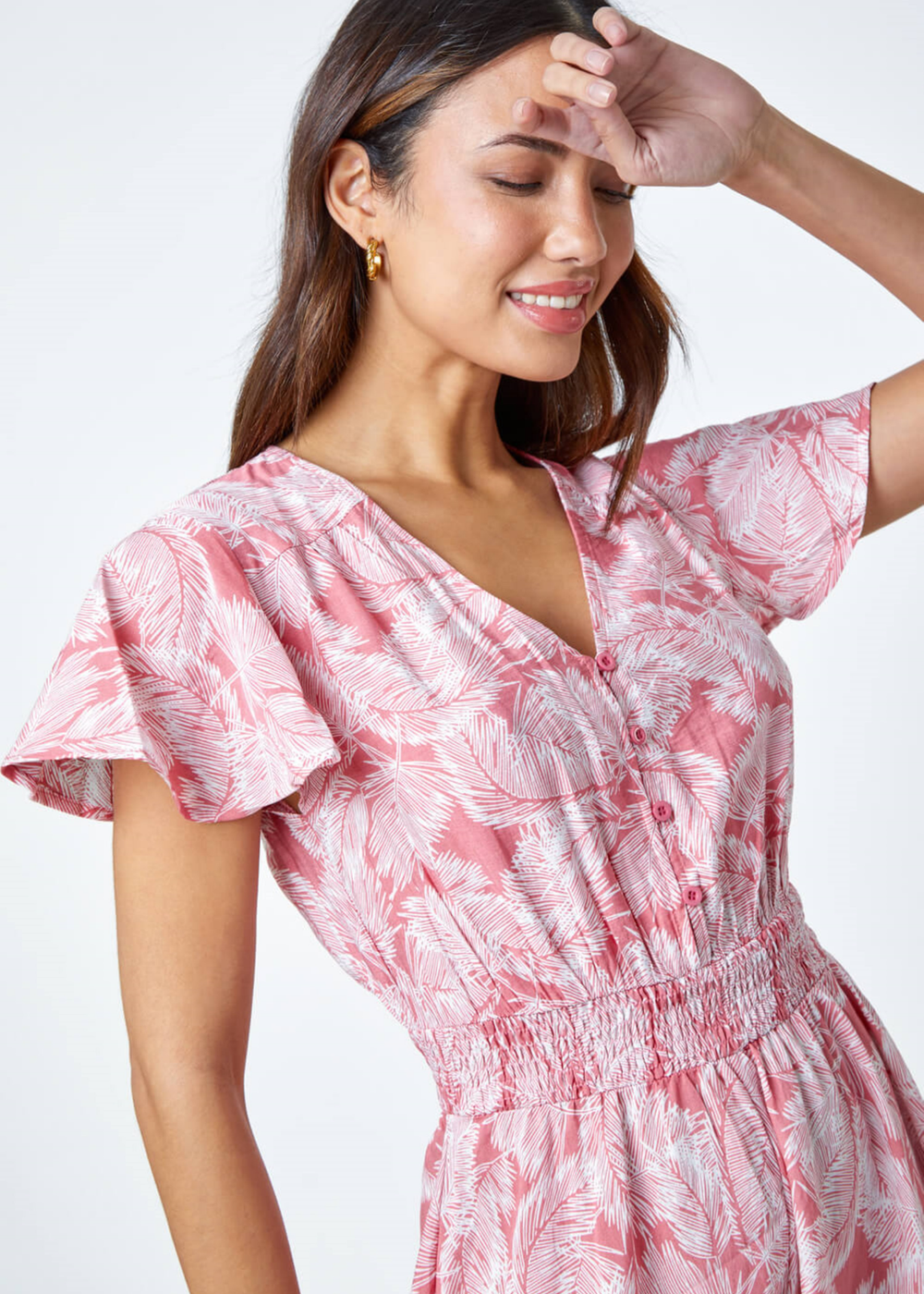 Roman Coral Palm Print Tiered Midi Dress - 12 Image 4