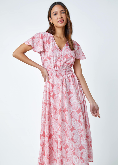 Roman Coral Palm Print Tiered Midi Dress - 12 Image 3