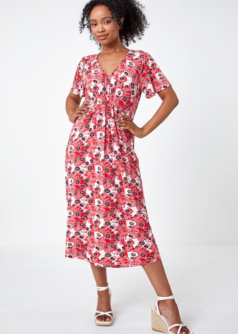 Roman Red Petite Floral Shirred Stretch Midi Dress - 6 Image 3