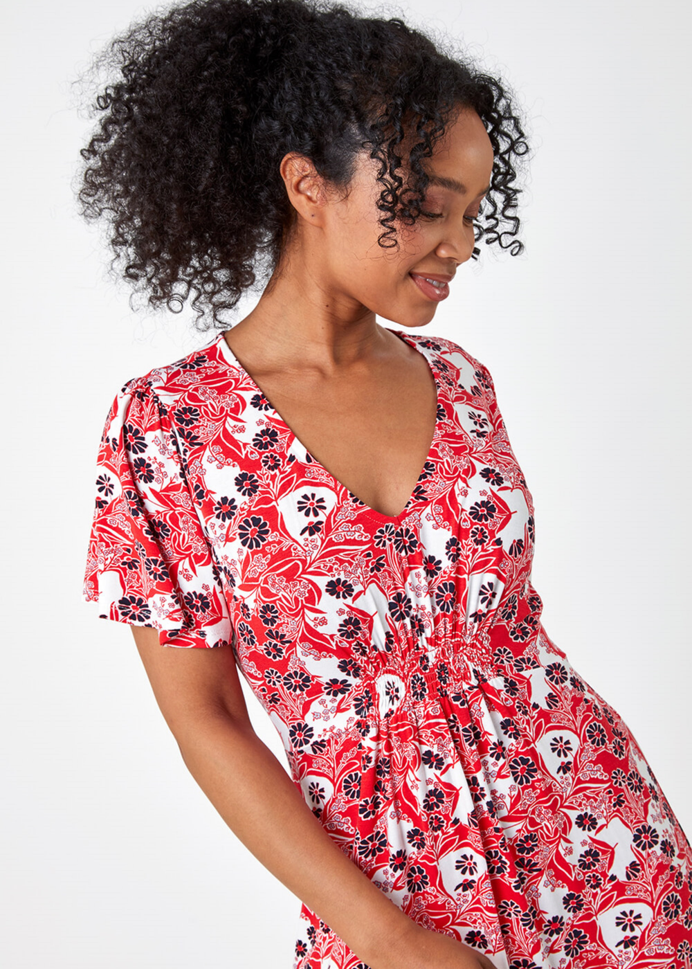 Roman Red Petite Floral Shirred Stretch Midi Dress - 6 Image 4