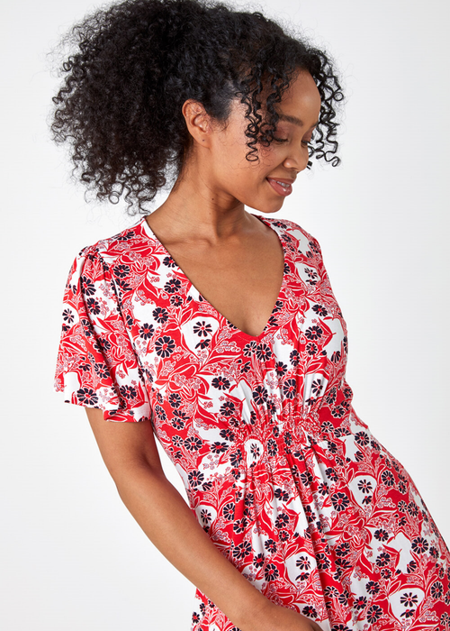 Roman Red Petite Floral Shirred Stretch Midi Dress - 6 Image 4