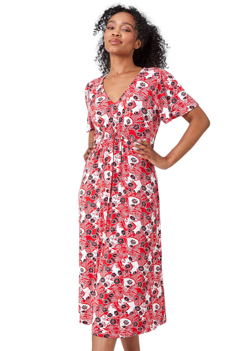 Roman Red Petite Floral Shirred Stretch Midi Dress - 6 Image 1