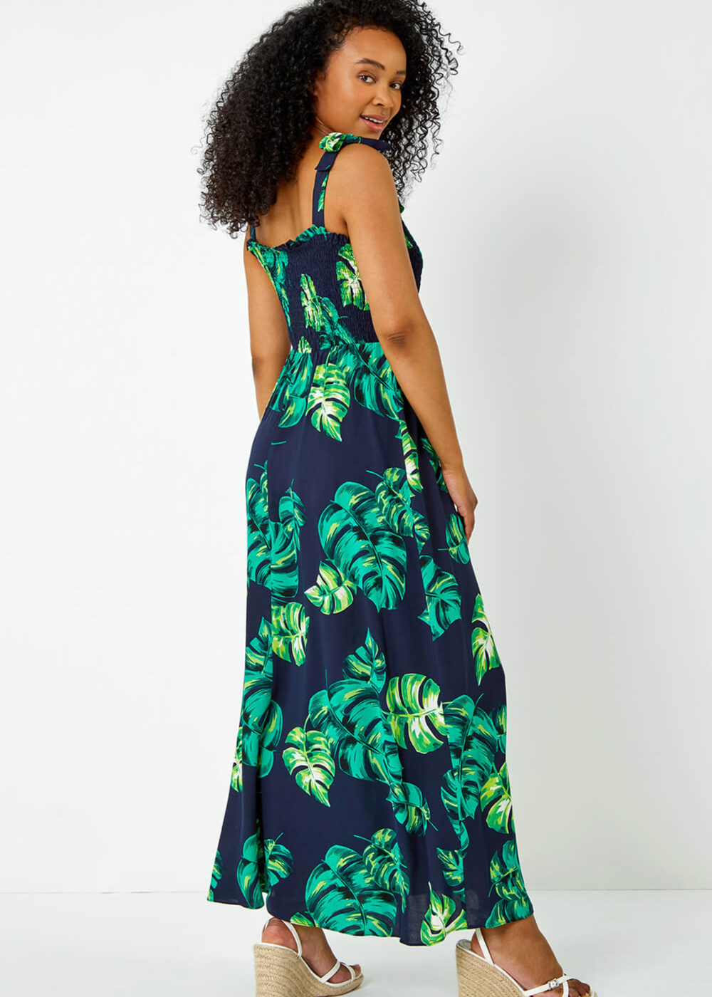 Roman Navy Petite Tropical Print Shirred Maxi Dress - 6 Image 2