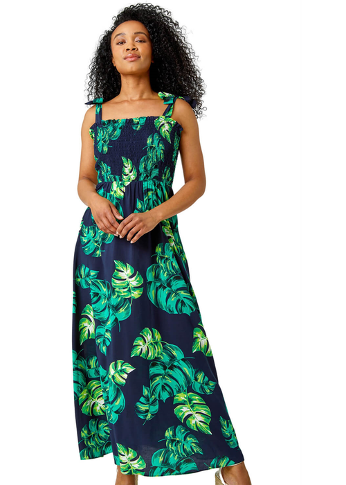 Roman Navy Petite Tropical Print Shirred Maxi Dress - 6 Image 1