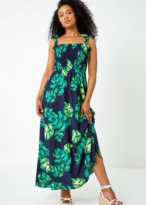 Roman Navy Petite Tropical Print Shirred Maxi Dress - 6 Image 3