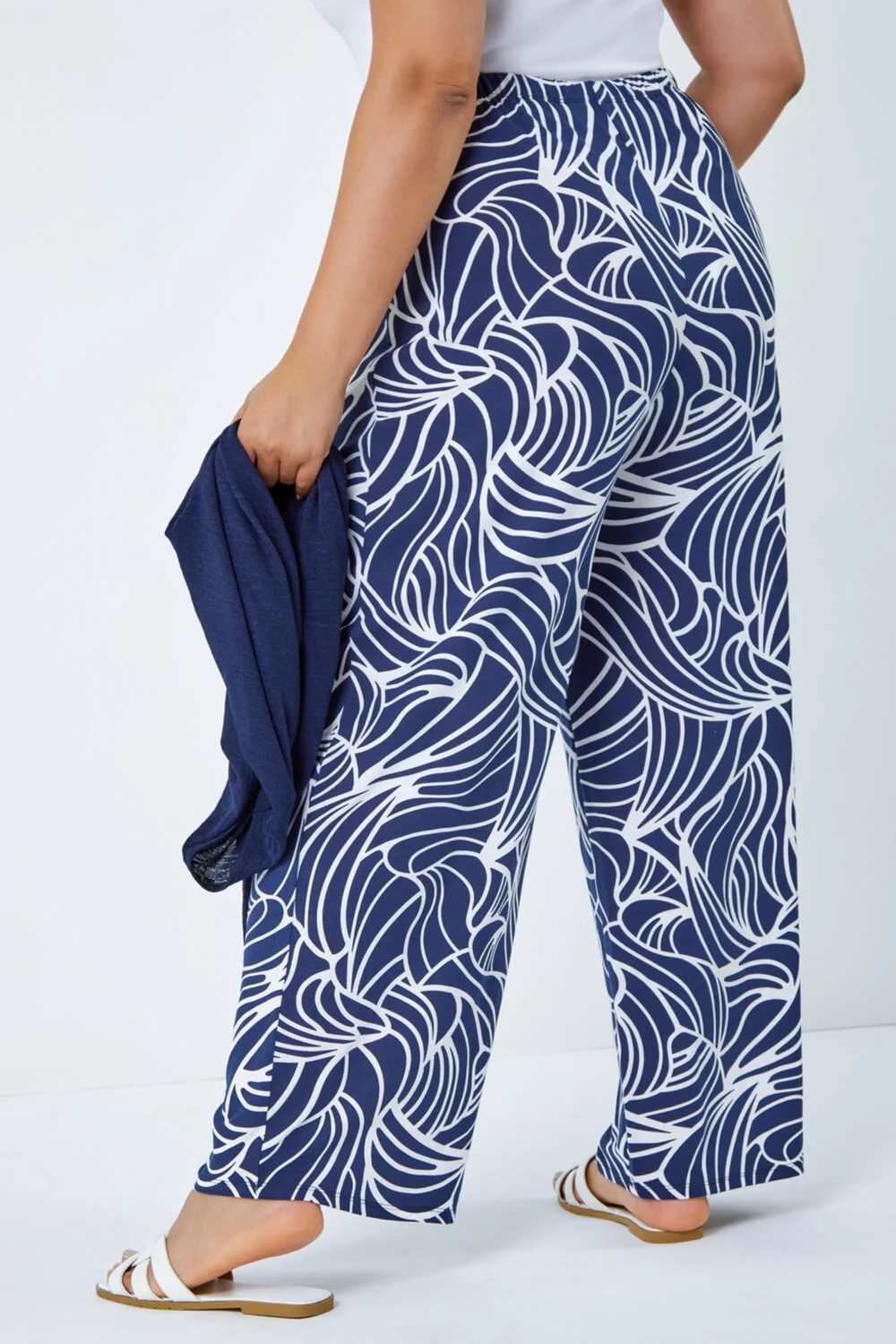 Roman Navy Curve Linear Print Palazzo Trousers - 26-28 Image 3