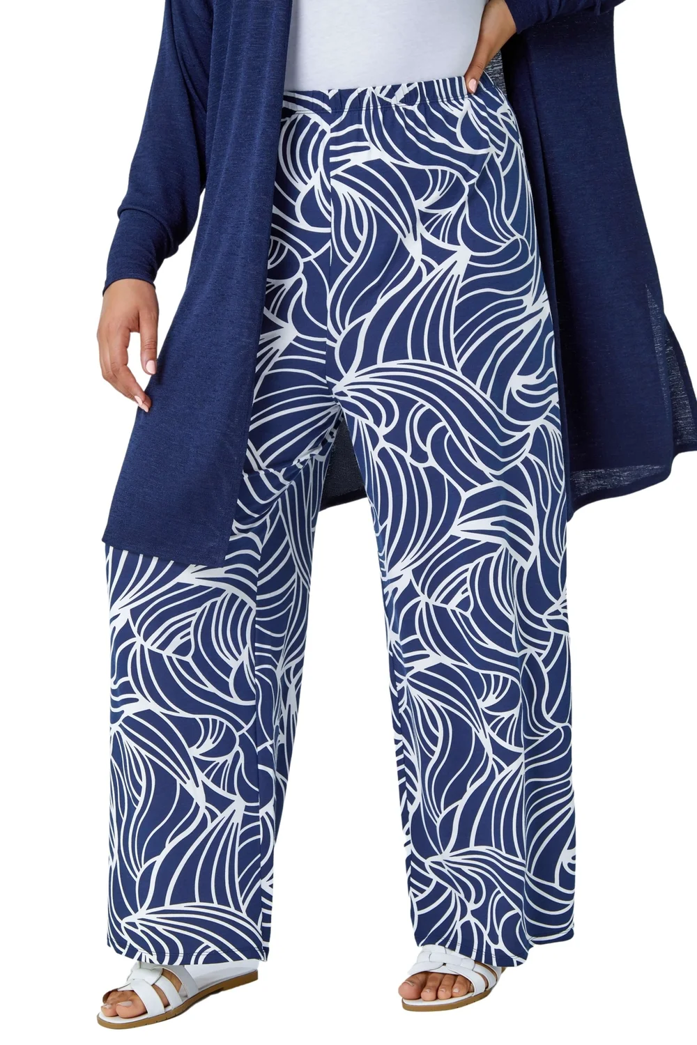 Roman Navy Curve Linear Print Palazzo Trousers - 26-28 Image 1