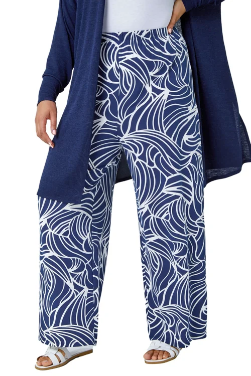 Roman Navy Curve Linear Print Palazzo Trousers - 26-28 Image 1