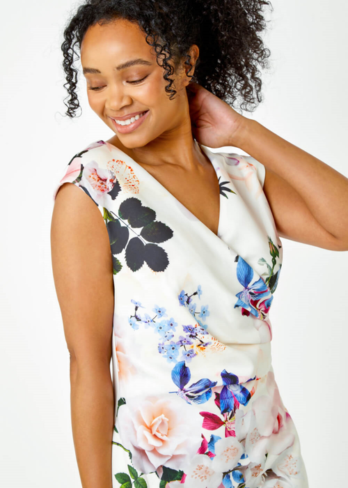 Roman Ivory Petite Floral Stretch Ruched Wrap Dress - 14 Image 4