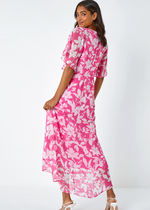 Roman Pink Floral Frill Detail Chiffon Midi Dress - 8 Image 2