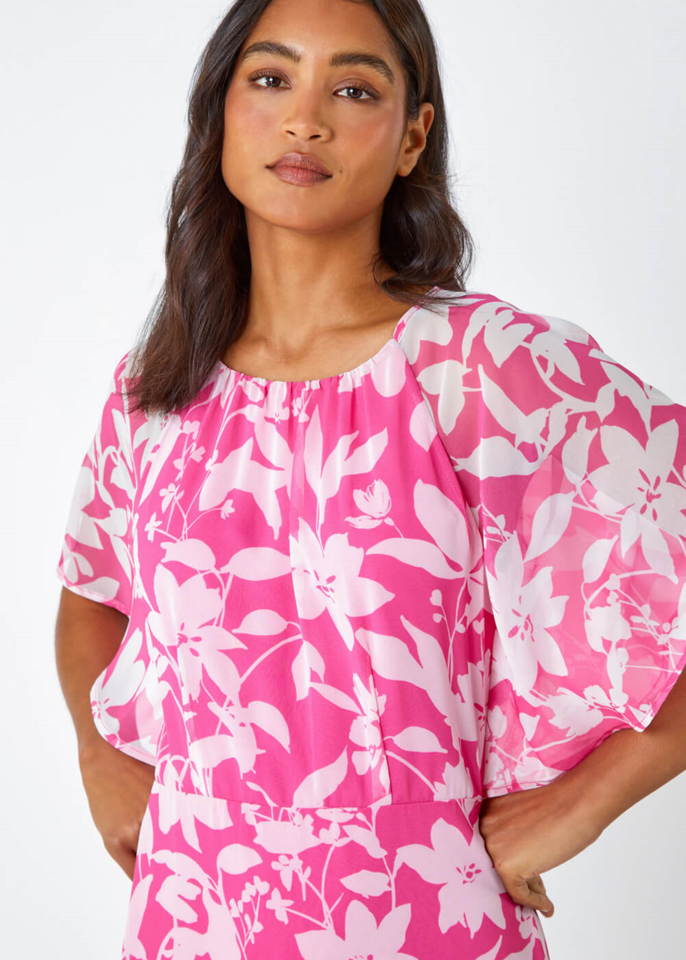 Roman Pink Floral Frill Detail Chiffon Midi Dress - 8 Image 4