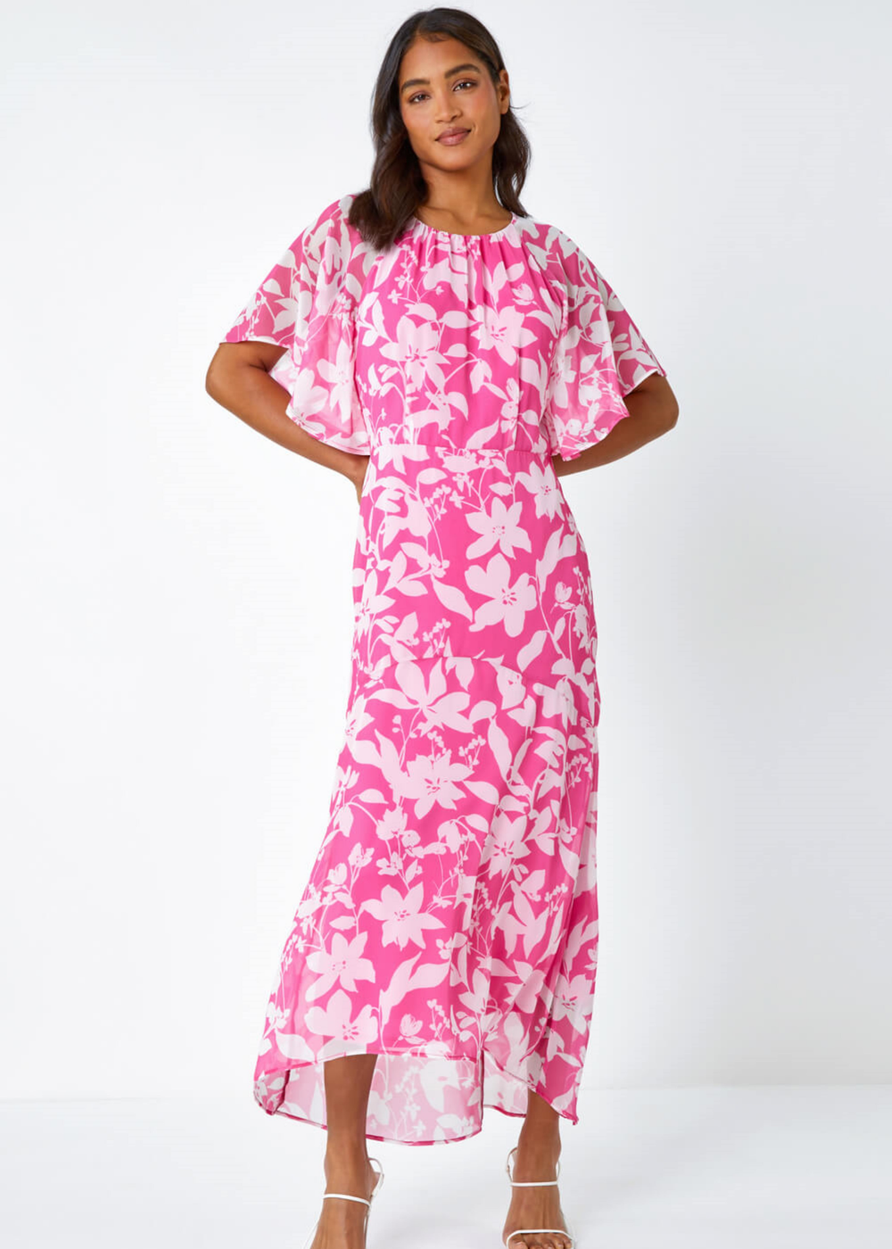Roman Pink Floral Frill Detail Chiffon Midi Dress - 8 Image 3