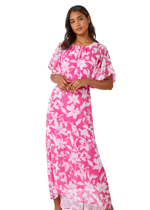 Roman Pink Floral Frill Detail Chiffon Midi Dress - 8 Image 1