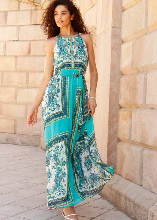 Roman Turquoise Scarf Print Halter Neck Maxi Dress - 6 Image 3