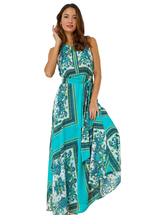 Roman Turquoise Scarf Print Halter Neck Maxi Dress - 6 Image 1