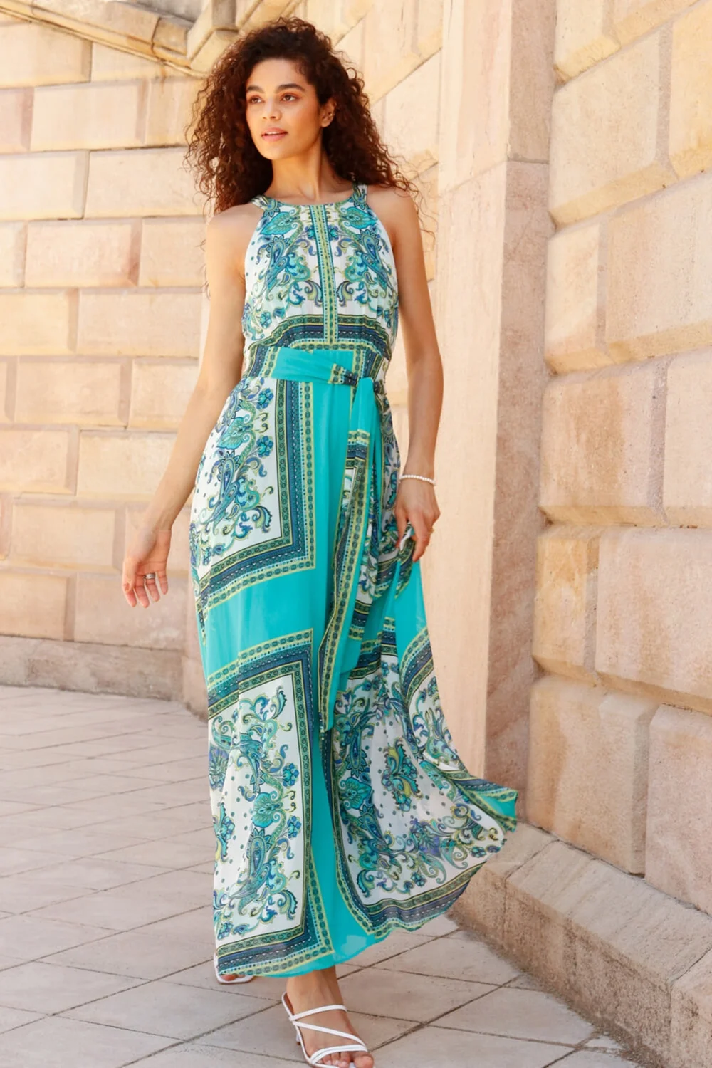 Roman Turquoise Scarf Print Halter Neck Maxi Dress - 6 Image 2