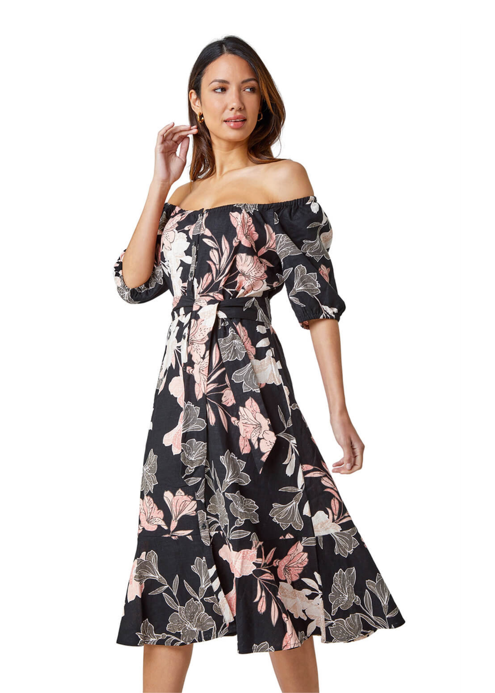 Roman Black Floral Linen Blend Bardot Midi Dress - 10 Image 1