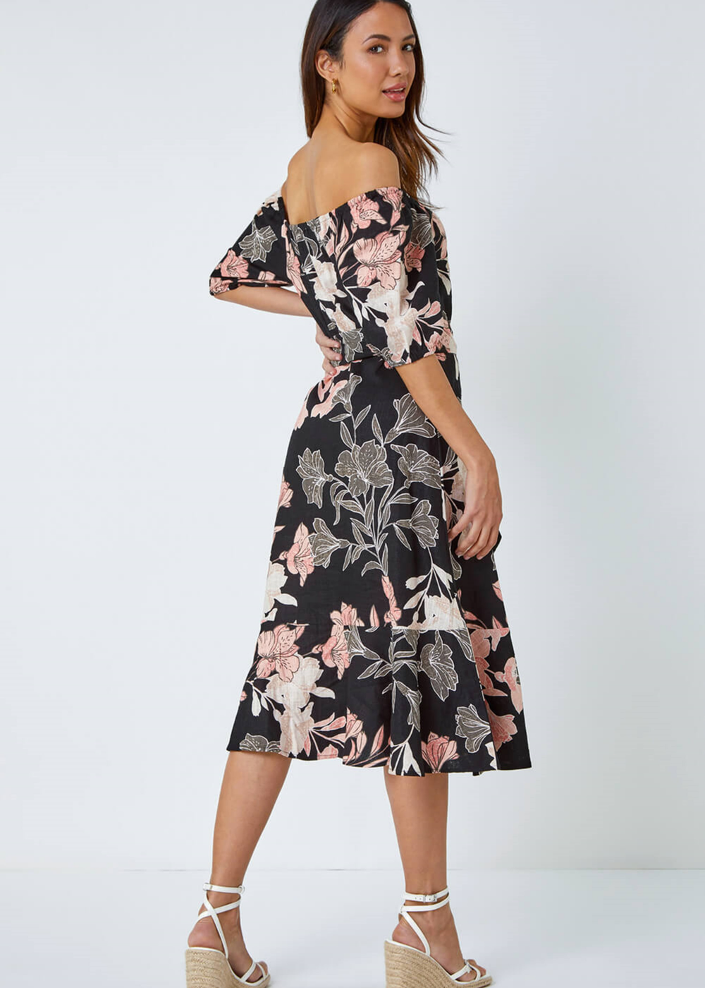 Roman Black Floral Linen Blend Bardot Midi Dress - 10 Image 2