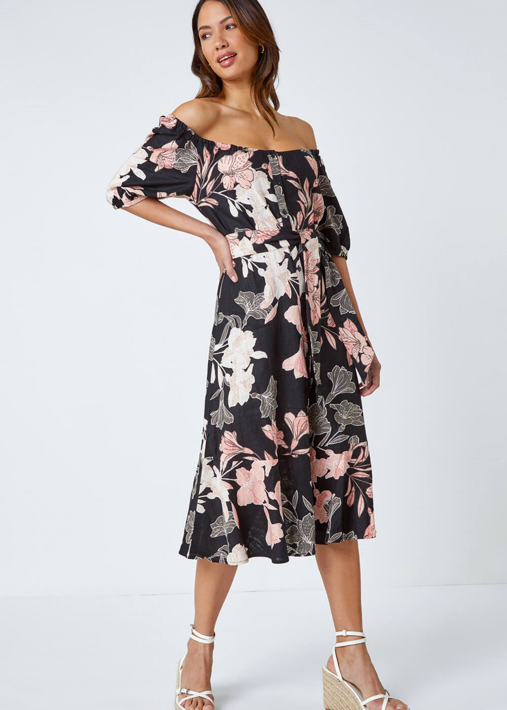 Roman Black Floral Linen Blend Bardot Midi Dress - 10 Image 3