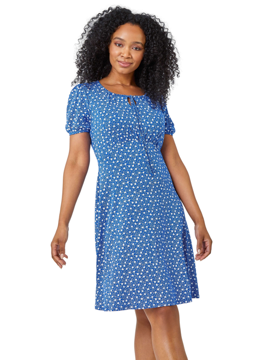 Roman Royal Blue Petite Ditsy Floral Tie Neck Dress - 6 Image 3