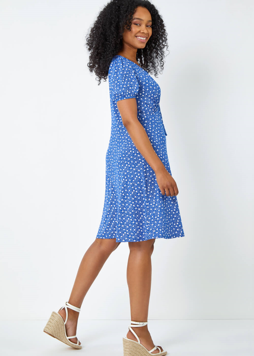Roman Royal Blue Petite Ditsy Floral Tie Neck Dress - 6 Image 2