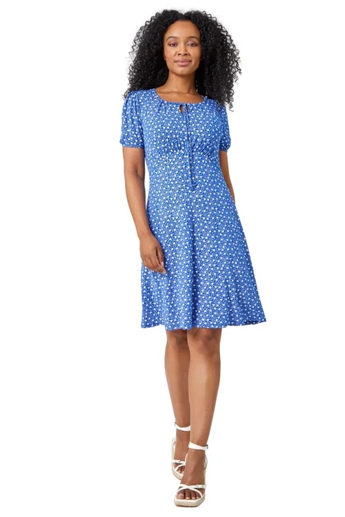 Roman Royal Blue Petite Ditsy Floral Tie Neck Dress - 6 Image 1