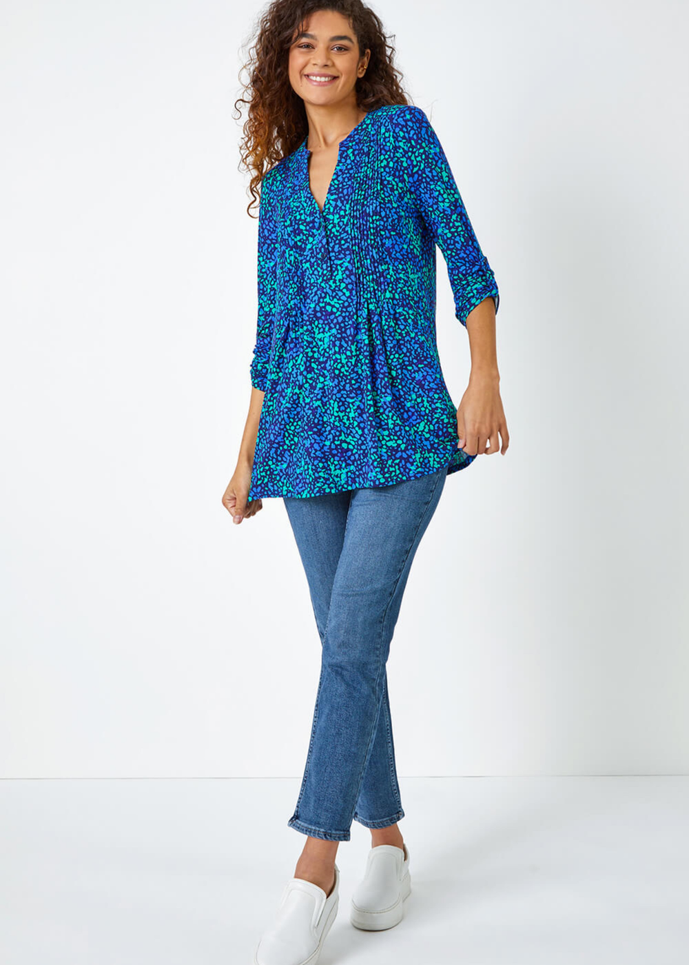 Roman Blue Abstract Spot V-Neck Pintuck Jersey Tunic Top - 6 Image 3