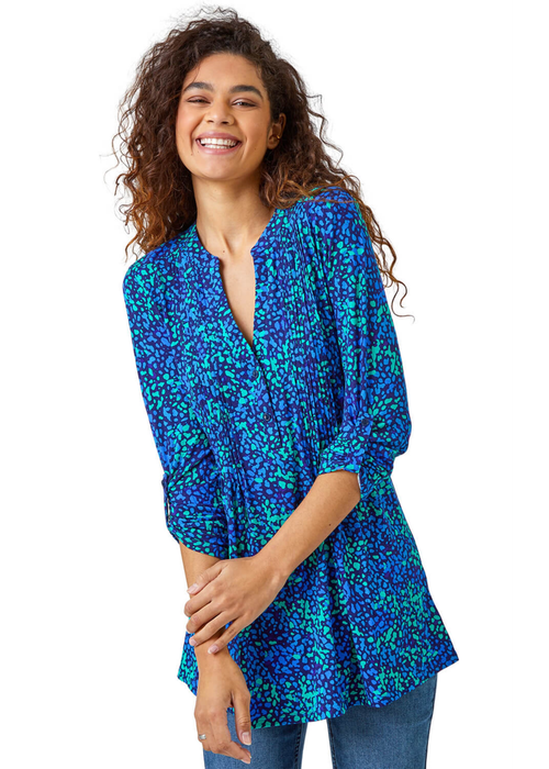 Roman Blue Abstract Spot V-Neck Pintuck Jersey Tunic Top - 6 Image 1