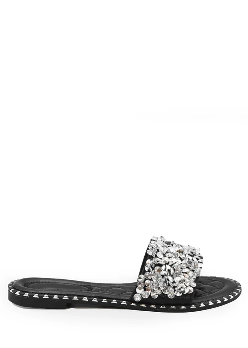 Where's That From Black Poppy Wide Fit PU Diamante Sliders - 3 Image 1