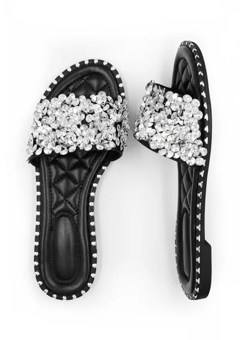 Where's That From Black Poppy Wide Fit PU Diamante Sliders - 3 Image 2