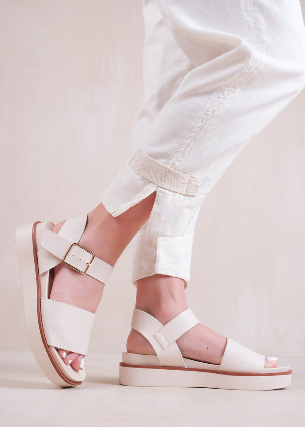 Where's That From Cream Phoenix Wide Fit PU Flat Sandals - 3 Image 2